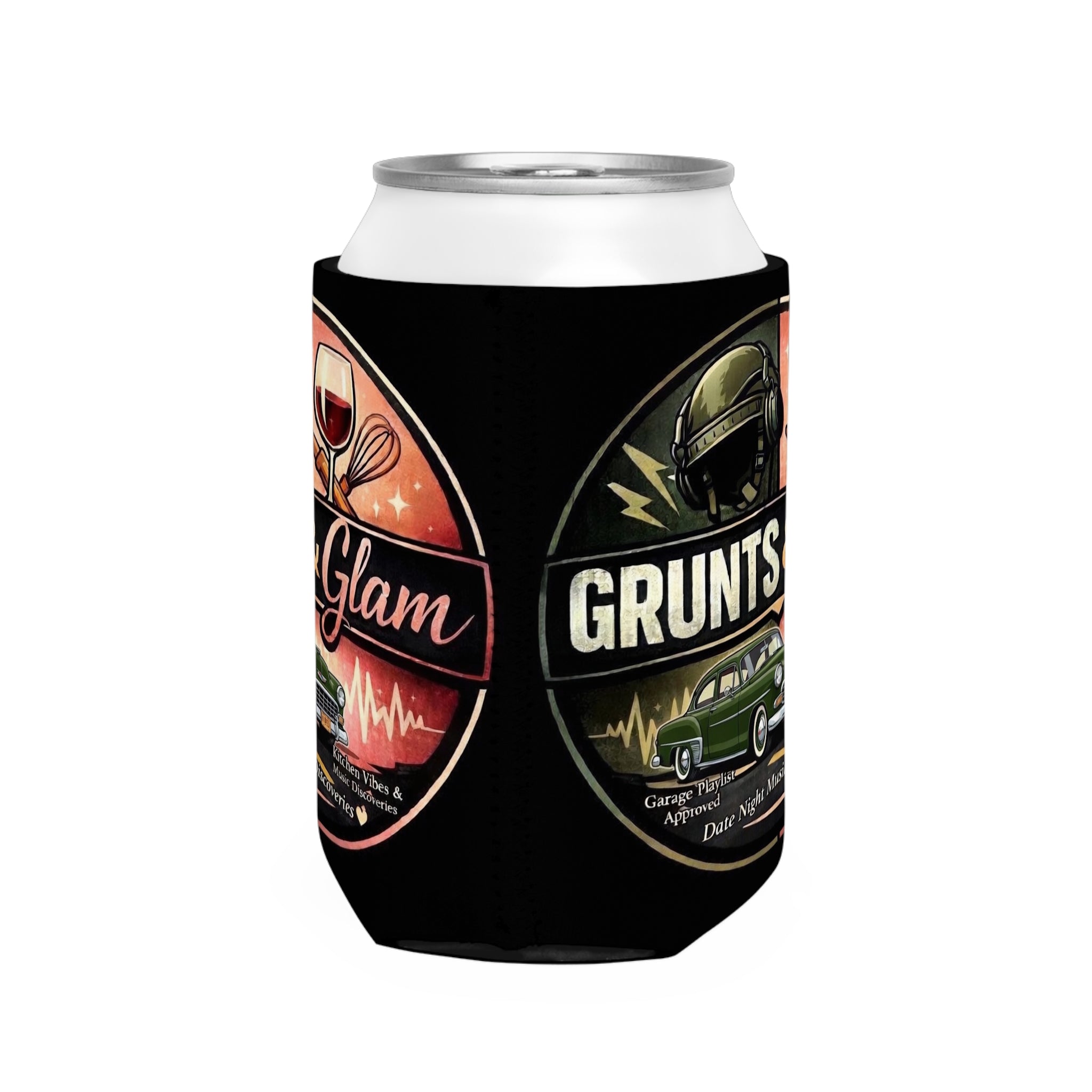 Can Cooler Sleeve - "Grunts & Glam" Vintage Car, Wine & Music Koozie