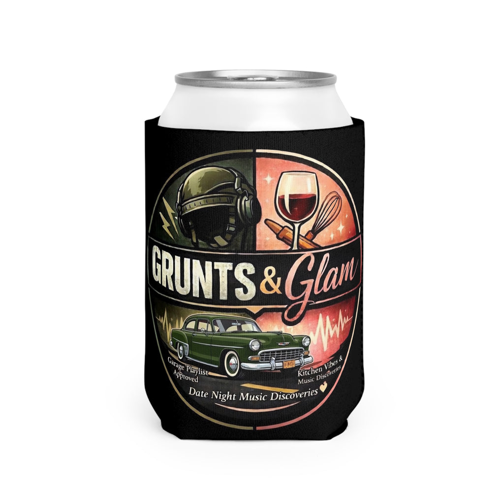 Can Cooler Sleeve - "Grunts & Glam" Vintage Car, Wine & Music Koozie