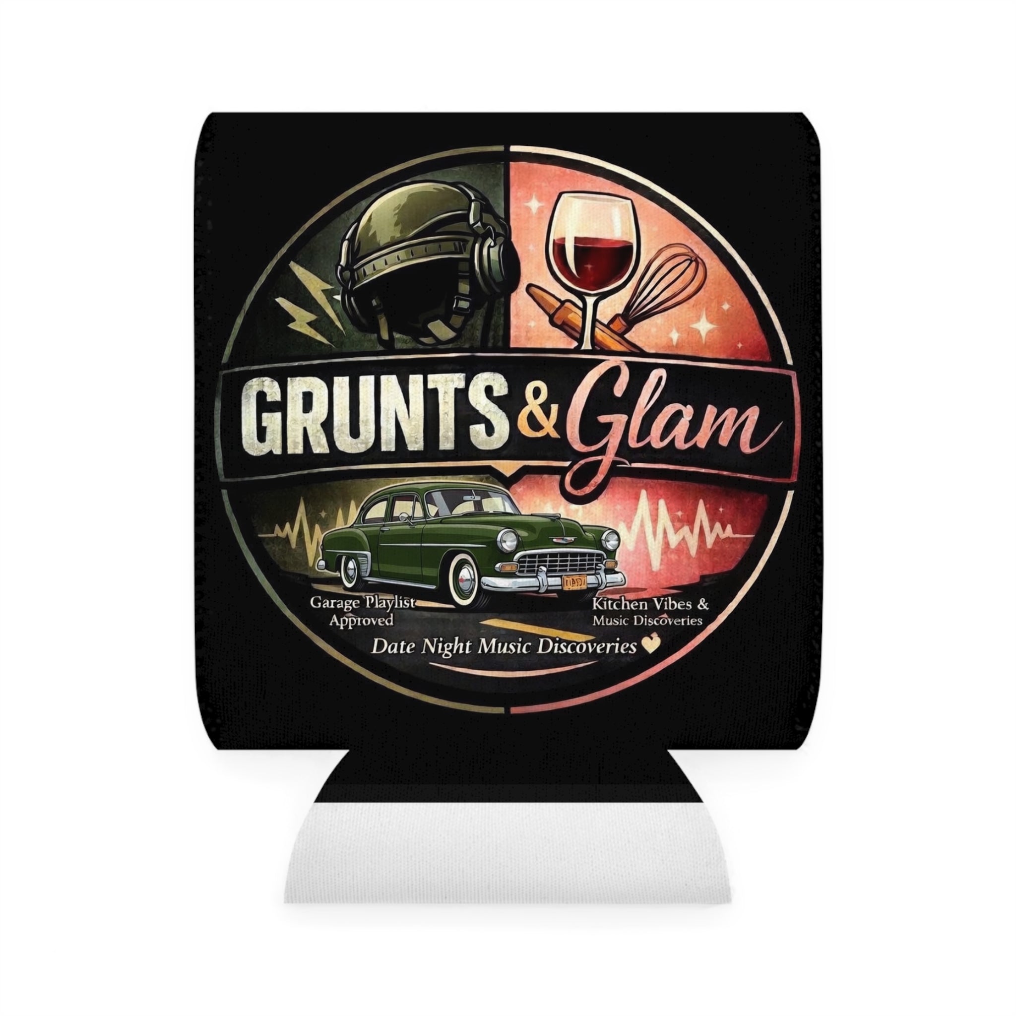 Can Cooler Sleeve - "Grunts & Glam" Vintage Car, Wine & Music Koozie