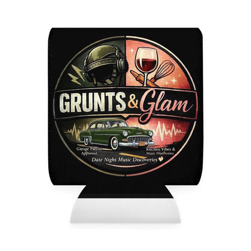 Can Cooler Sleeve - "Grunts & Glam" Vintage Car, Wine & Music Koozie